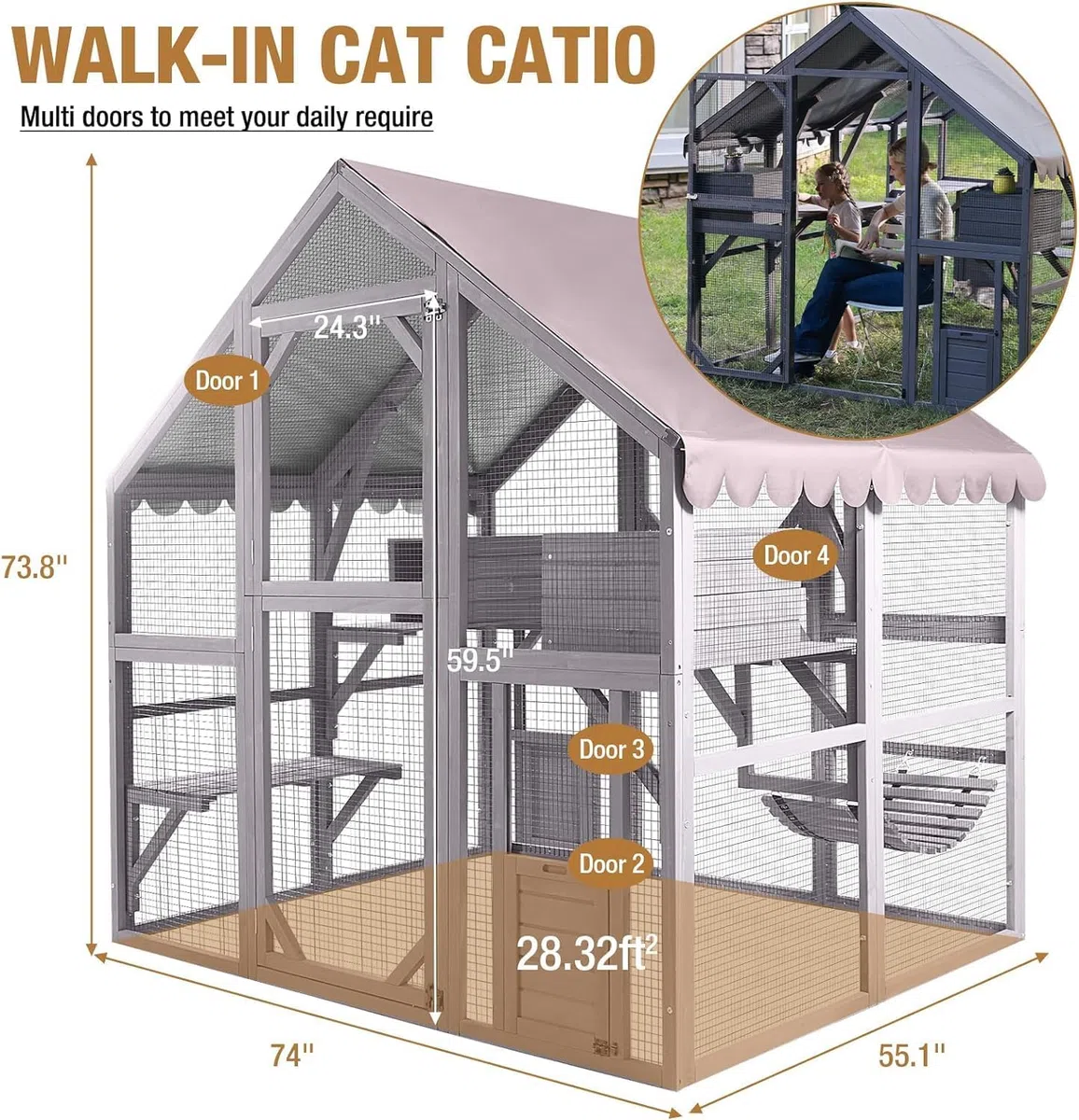 Recinto de Madera Catio para Gatos al Aire Libre Casa para Gatitos Corral Grande para Gatos con Refugio Pequeño Resistente a la Lluvia Interior, Puentes, Cubierta de Techo