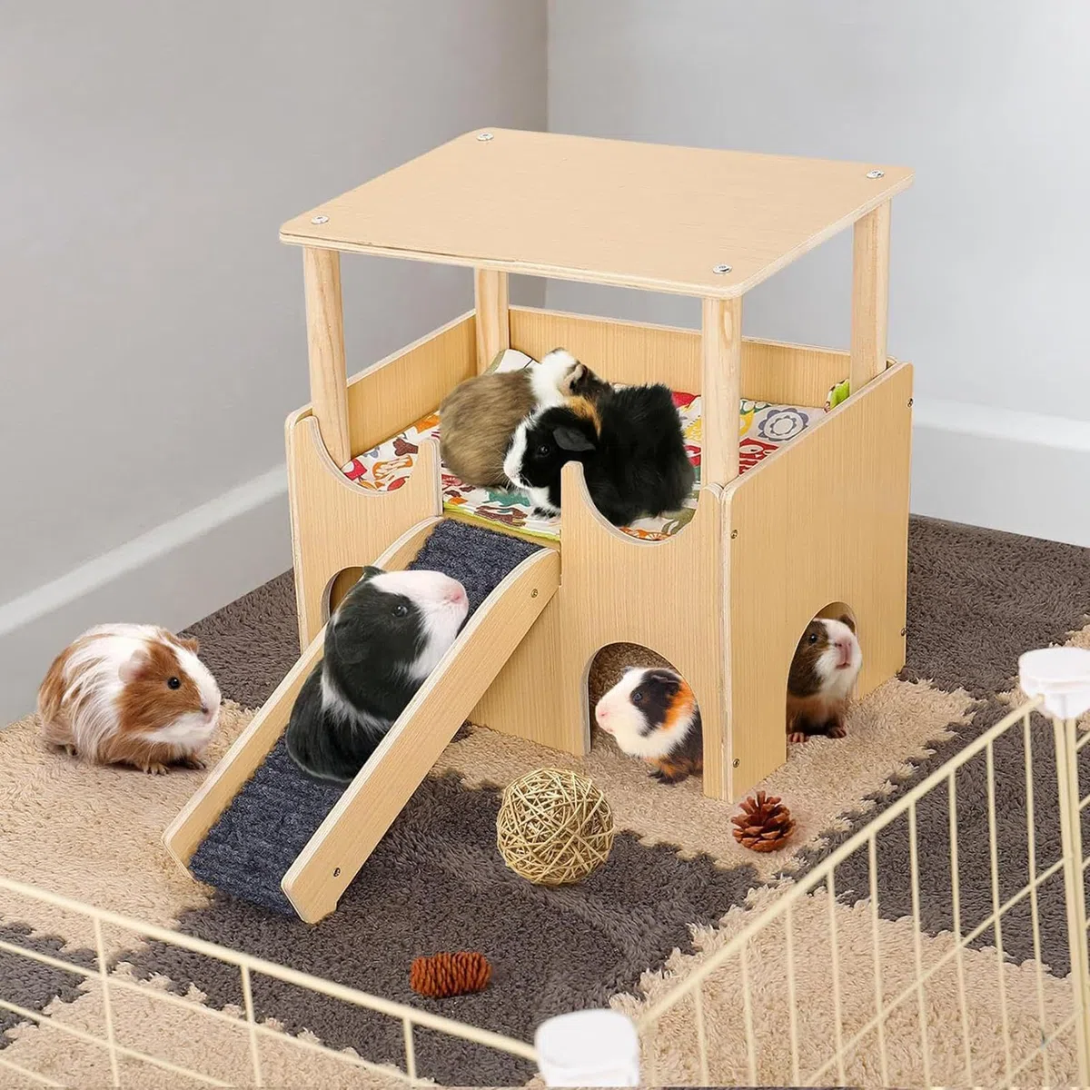 Chinchilla House, Bunny House Indoor – Casa de juegos de madera de doble – Alojamiento con pequeños juguetes de animales con escalera, jaula de chinchilla – Accesorios para conejos, hurones, | Accesorios de jaula de chinchilla, decoración del hábitat con