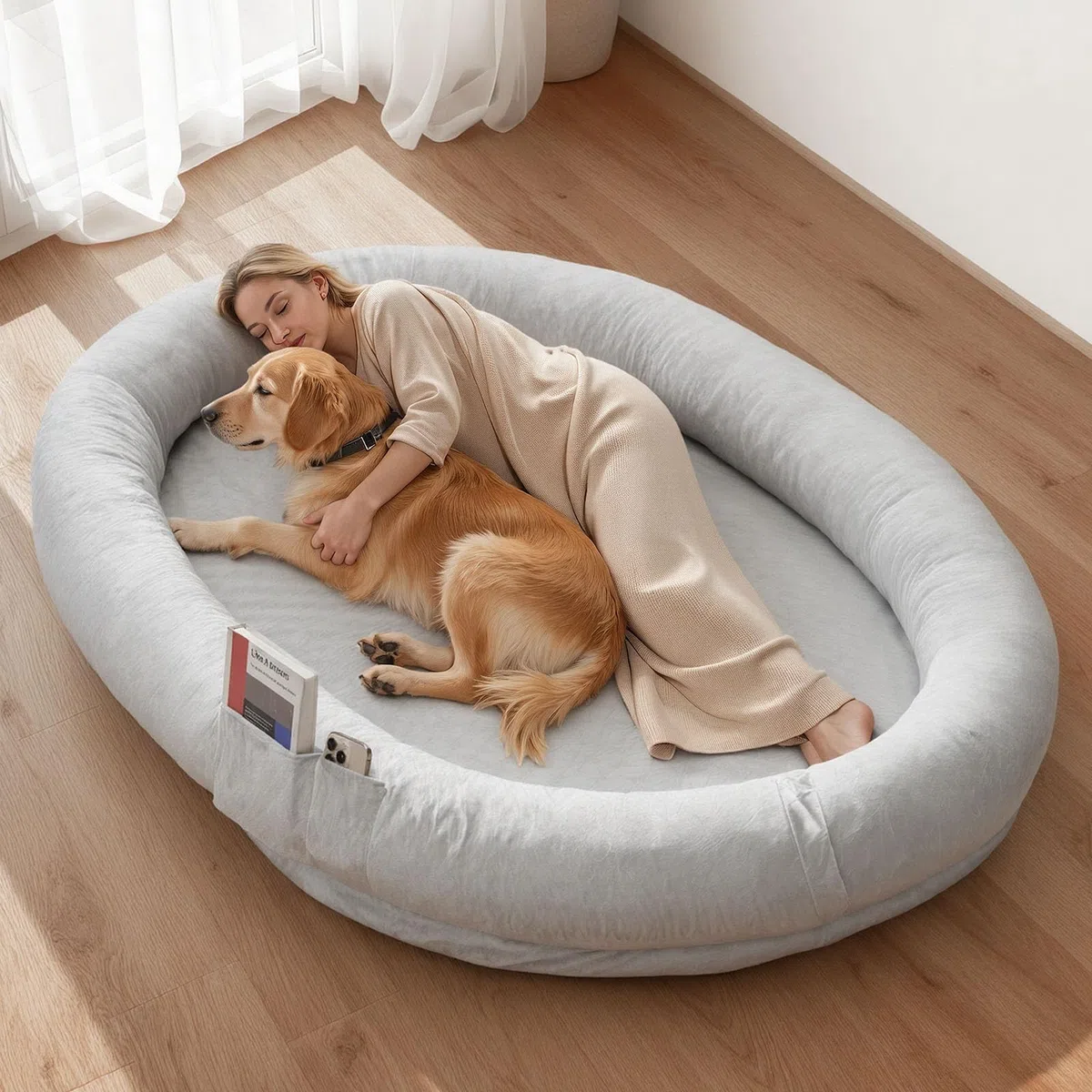 VEVOR Cama para Perros, 178 x 120 x 24 cm, Peluche Corto, de Espuma Viscoelástica, Tamaño Humano, con Bolsillo Lateral, Asa y Cremallera, Funda Extraíble y Lavable a Máquina, Gris, Diseño Ovalado