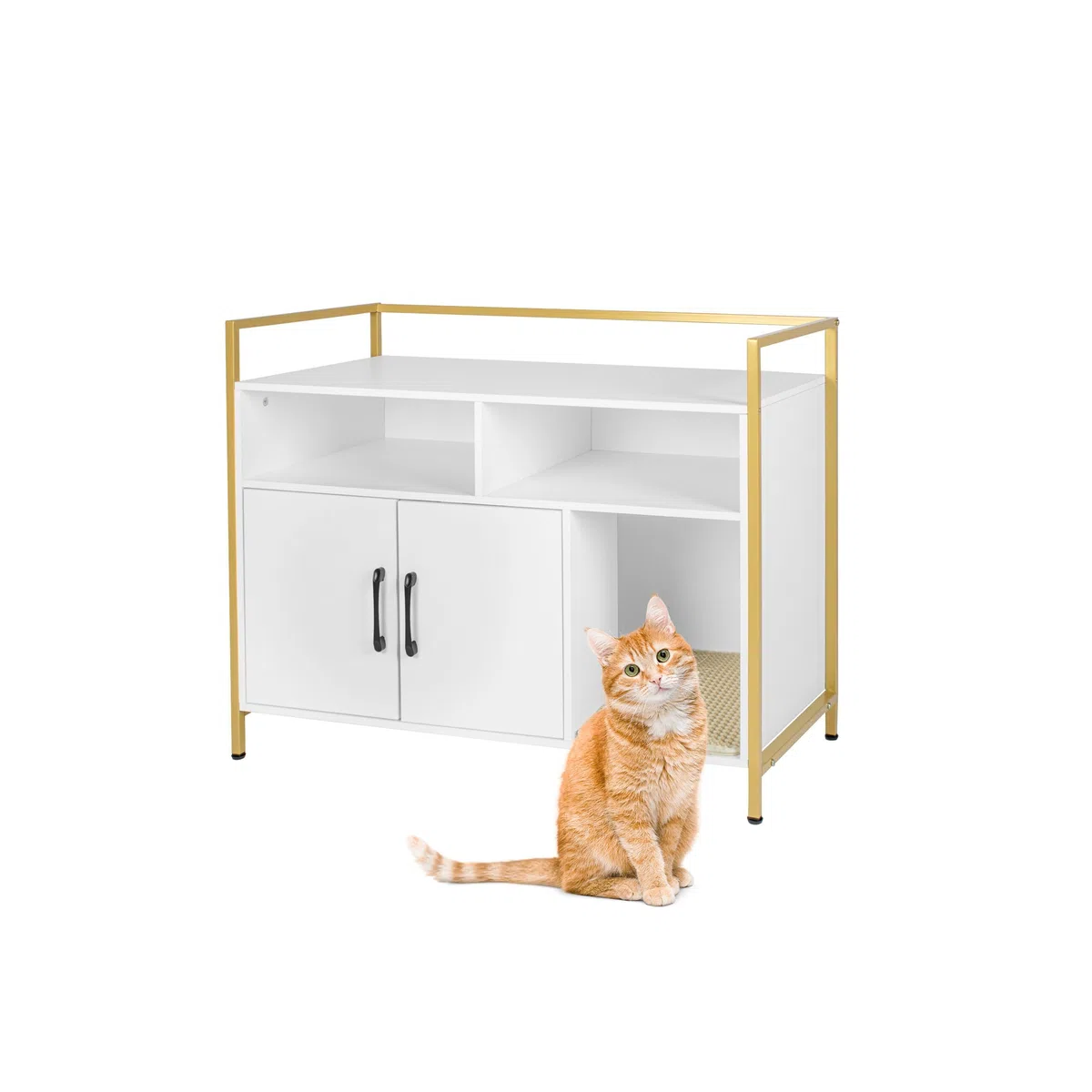 Relaxdays Armario arenero con Alfombrilla y Almacenamiento, 74x90x45 cm, casa para Gatos, Blanco/Dorado