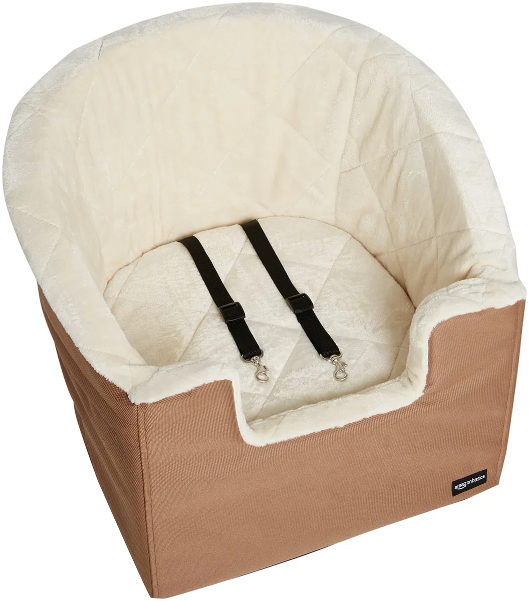 Amazon Basics Asiento Elevador para Mascotas, Estilo Cubo, Beige Bronceado