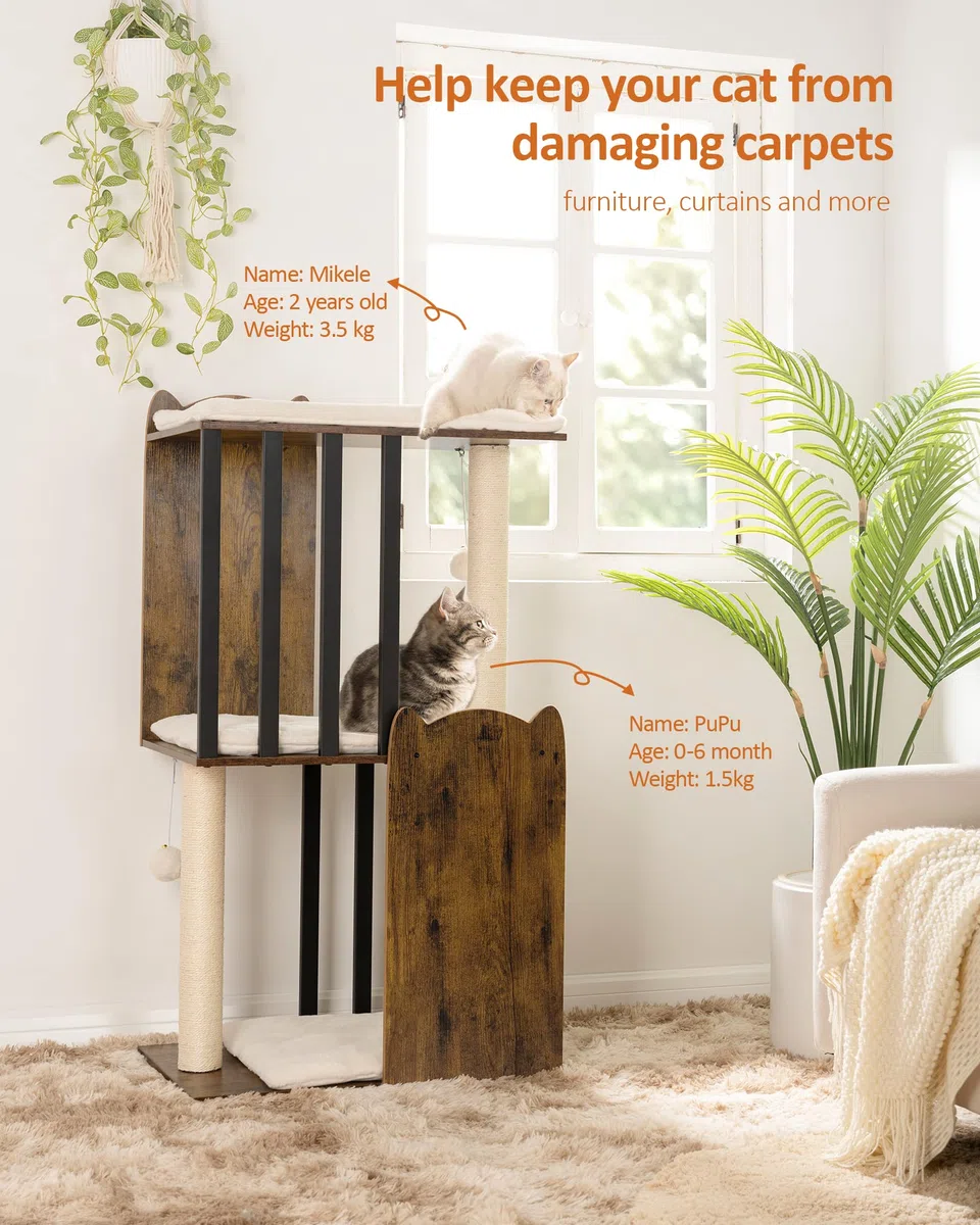 FourFurPets 3 Niveles Moderno Árbol para Gatos, Altura 111 cm, Torre de Gatos, con 2 Postes de Sisal, 3 Gran Plataformas, Pompones, Marrón Rústico