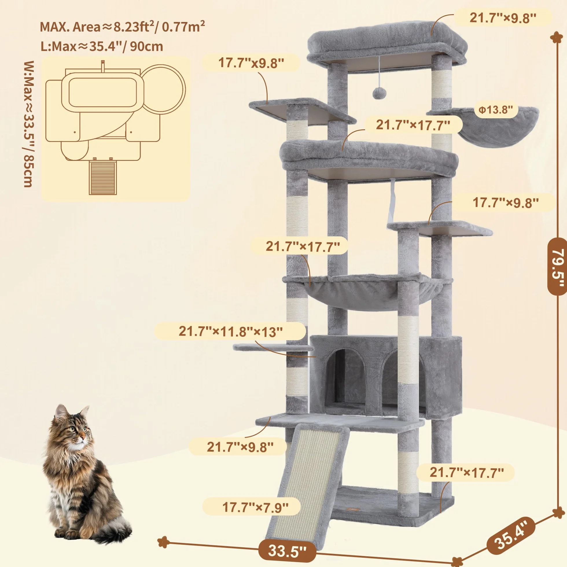 Heybly Rascador para Gatos, 191cm Arbol Rascador Grande con 2 Plataformas Descanso Extra Grandes, Superficie para Rascar, Cueva Grande Cesta Poste Sisal Adecuado Gatos Adultos, Gris Claro HCT038W