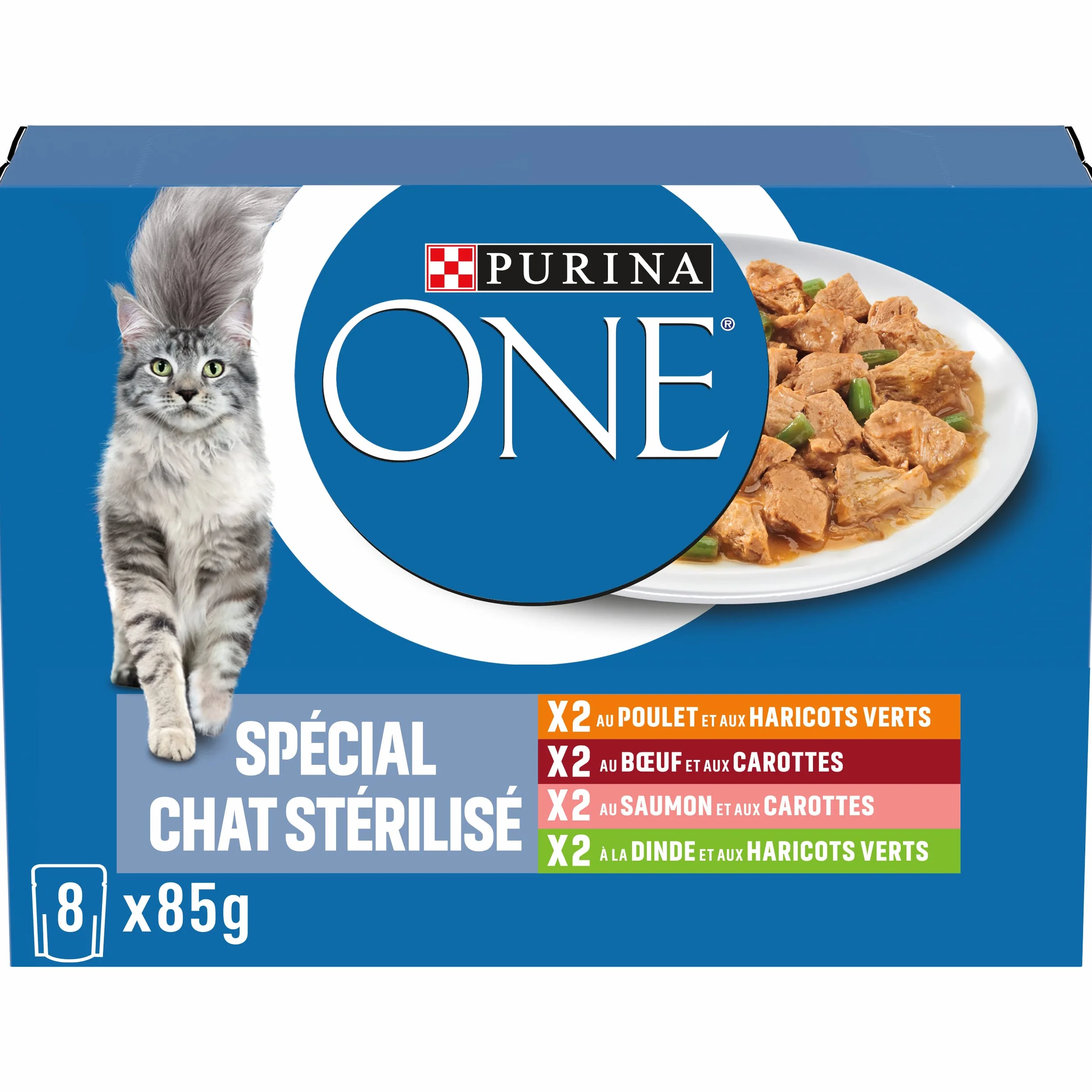 PURINA ONE Gato Esterilizado Refilado en Salsa Sabores Surtidos Pollo Carne Salmón y Pavo Bolsas Comidas para Gatos Adultos 8 x 85 g | Lote de 10