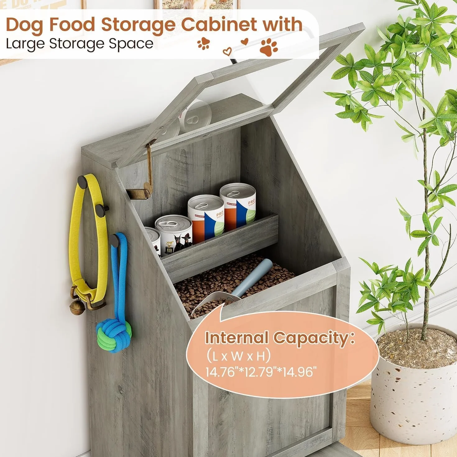 Comedero multifuncional para perros con armario de almacenamiento, cuencos elevados de acero inoxidable y ganchos para accesorios – Comedero de madera para perros y gatos para cocina o comedor
