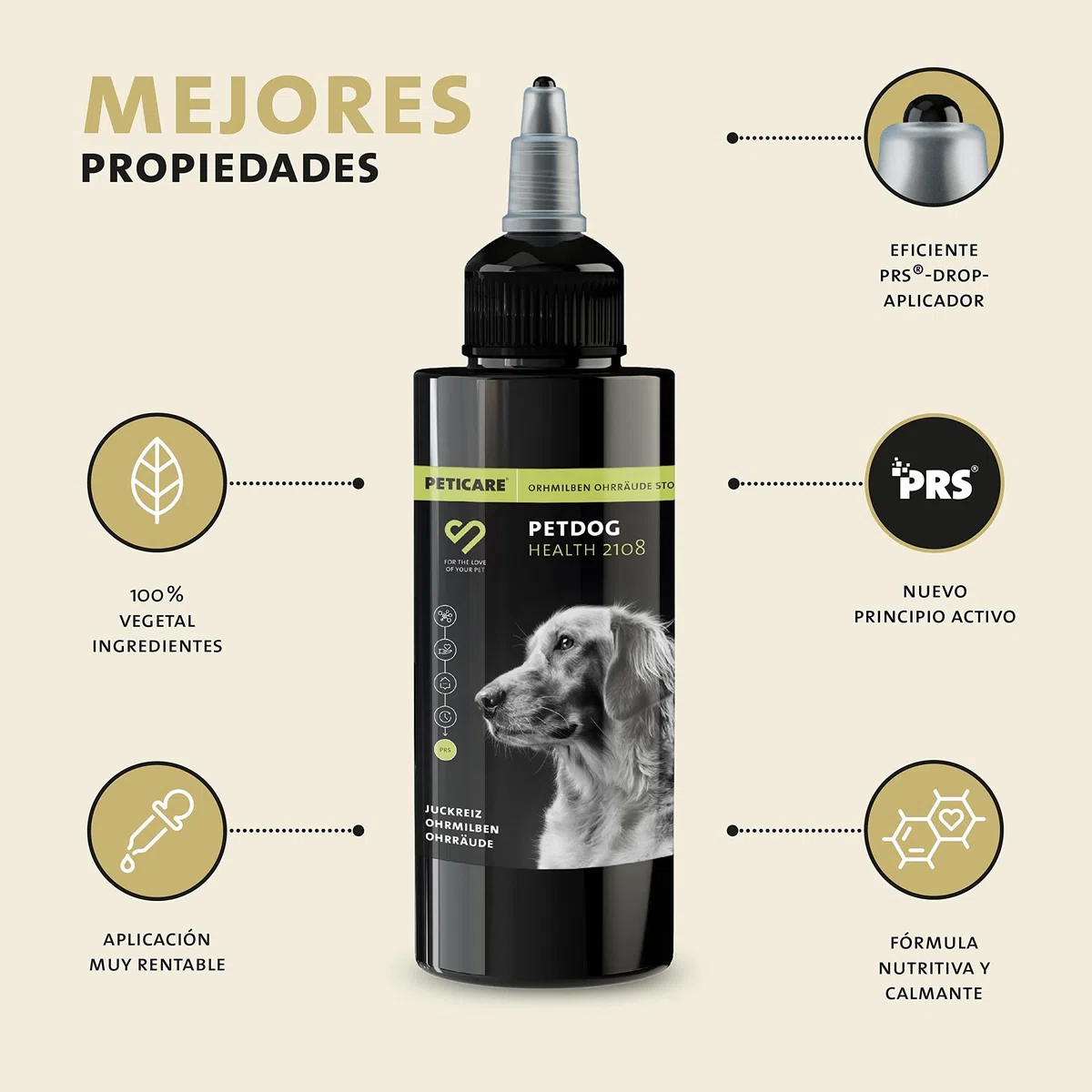 Peticare Perro Aceite de Cuidado Limpiador para Acaros del Oido y Anti-Parasitos - Gotas de Tratamiento, Limpia Eficazmente Orejas, Detiene Otitis Parasitaria - petDog Health 2108