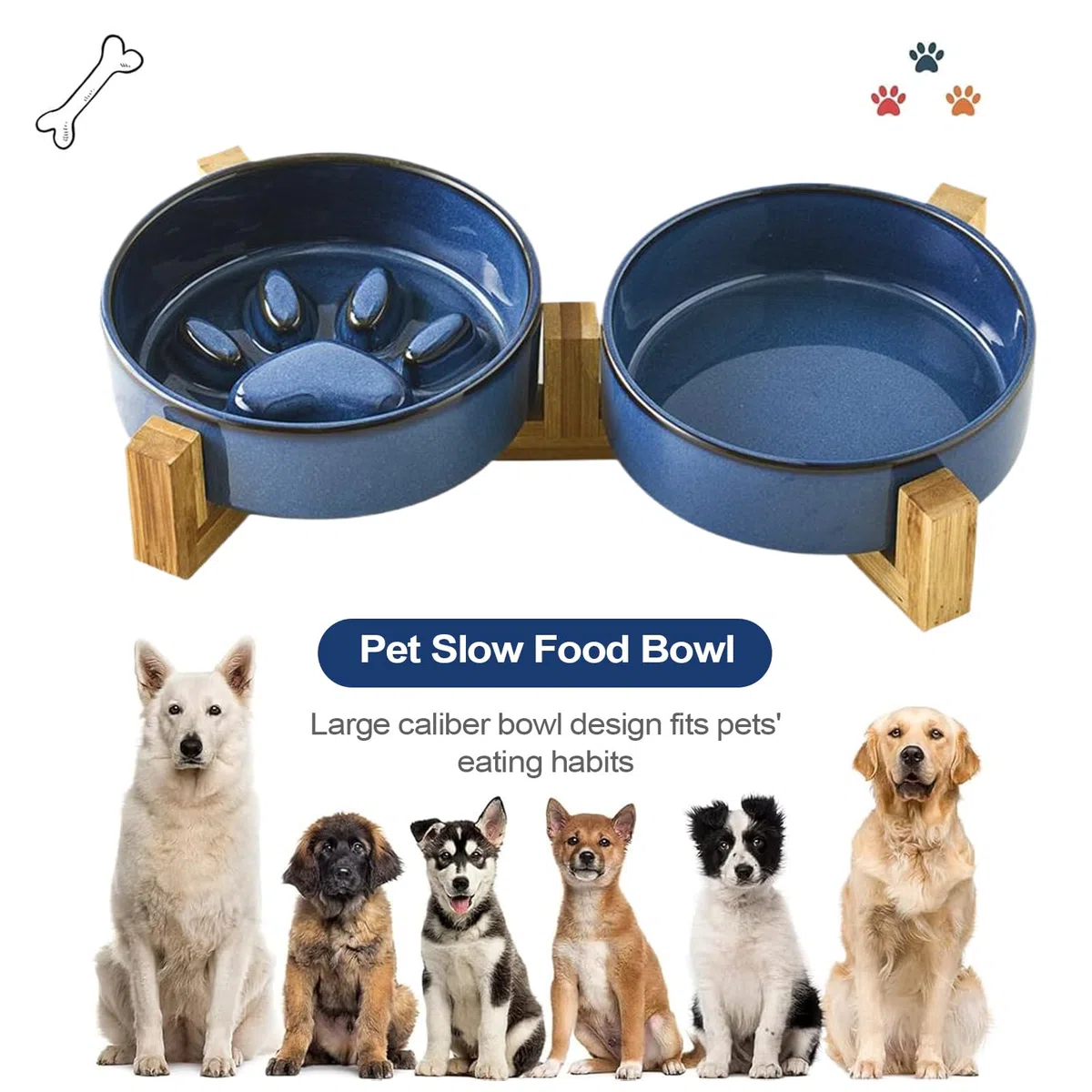 Cuenco Lento para Perros Bebedero Y De Agua Elevado para Cachorros Medianos | Pack de Cuencos Cerámicos con Patita de Agua y Comida Lenta Estación Alimentación Mascotas Accesorios Plato Camping Co