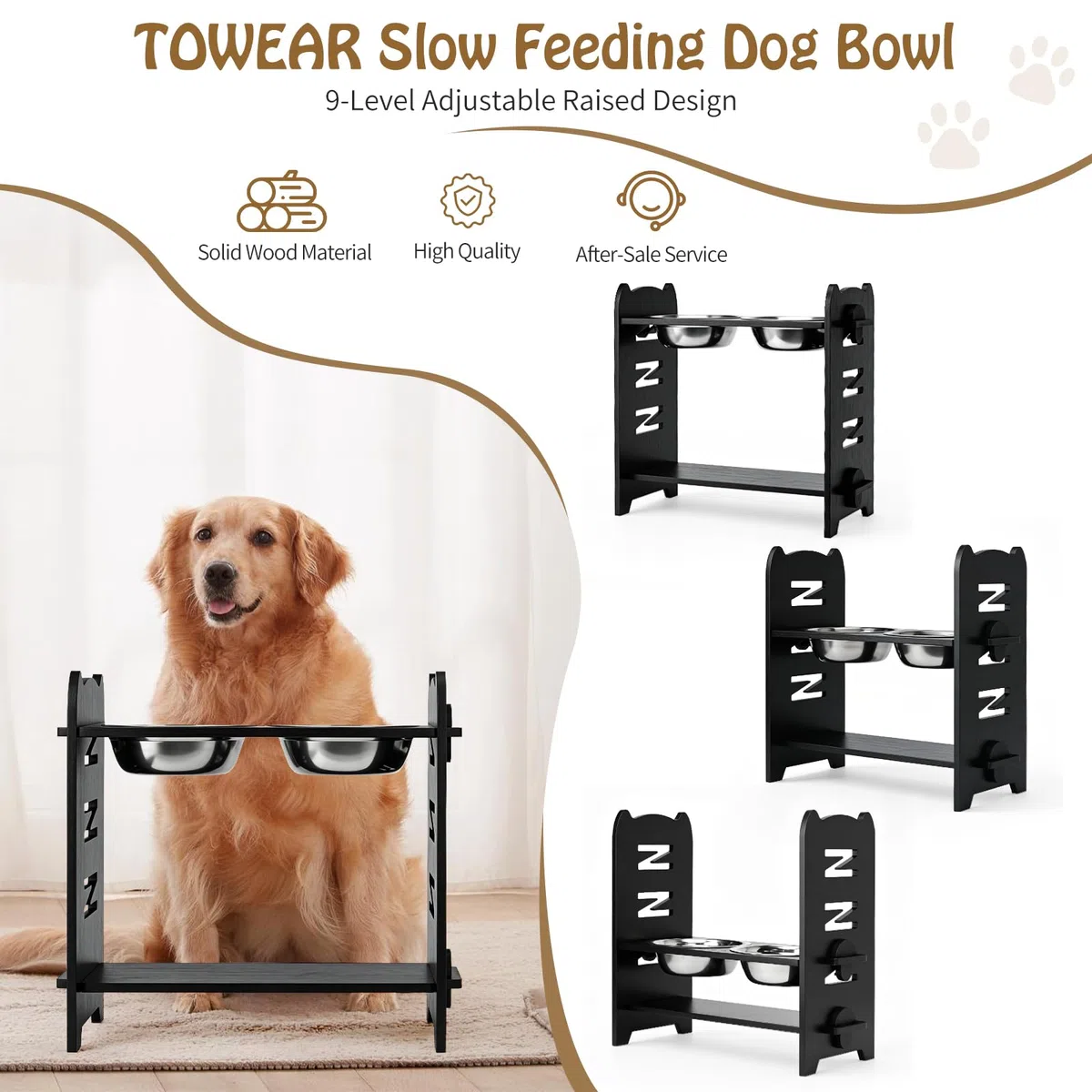 Cuenco elevado para perros, cuencos elevados para perros, 9 niveles ajustables, estación de alimentación de bambú elevada para perros, 2 cuencos de acero inoxidable para mascotas, cuencos para perros