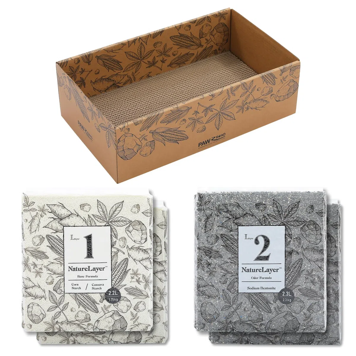 PAWZ Road Arena para gatos de 8 kg, 2 mandiocas + 2 carbón bentonita, 4 bolsas | Método científico de 2 capas, máximo control de olores y formación de grumos, 99,9% libre de polvo