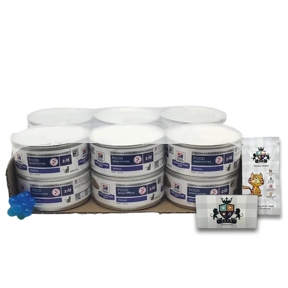 AETN Creations Z/D Alimento Húmedo para Gatos con Sensibilidad Alimentaria, Paquete de 12 Latas de 156g, con Golosina y Juguete para Gato de AETN