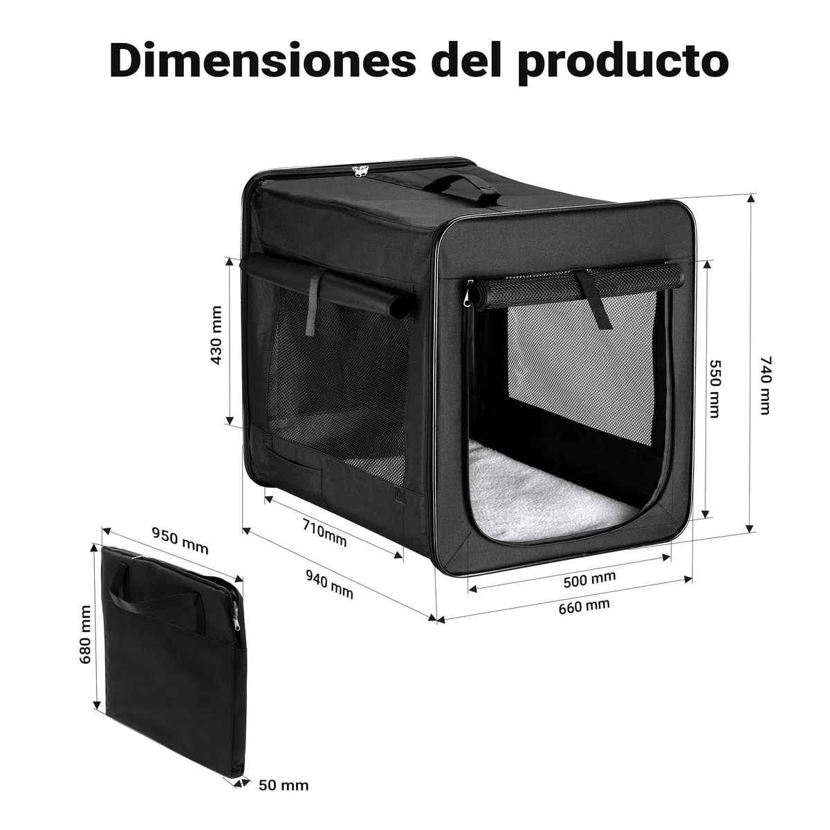Wiltec Bolsa de Transporte Plegable Negra Mascotas Perro Gato, Talla XL (94x66x74cm), con cojín
