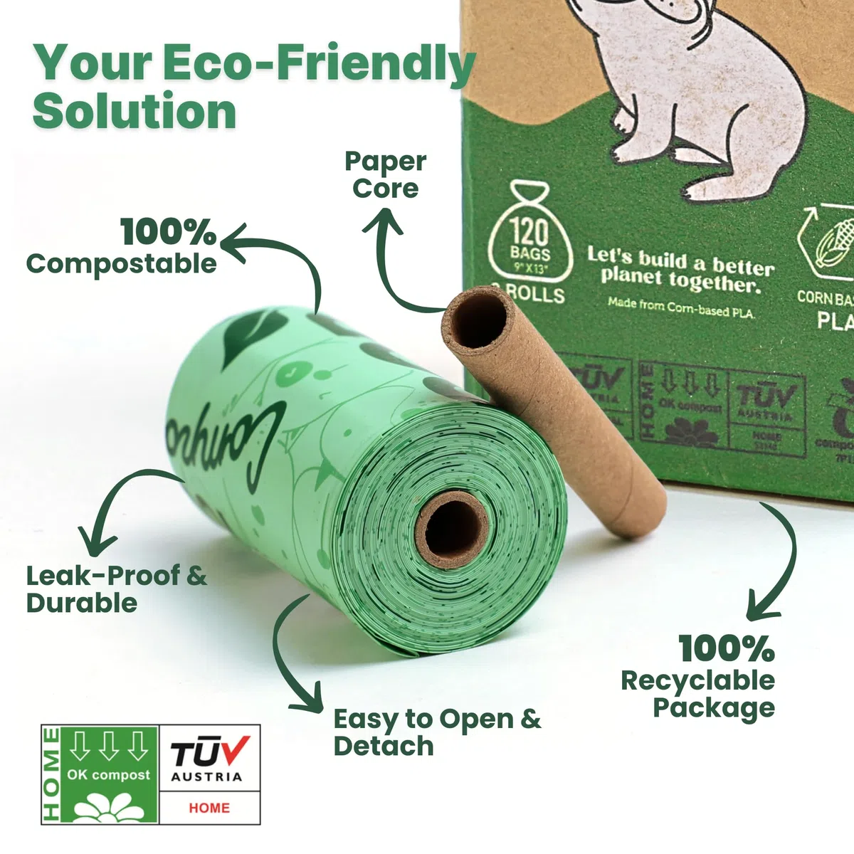 JIWON Bolsas para excrementos de perro 100 % compostables, 240 bolsas, 16 rollos, 9 x 13 pulgadas, estándar ASTM D6400 y EN 13432, certificado OK para compost y plántulas, bolsas gruesas y a prueba de