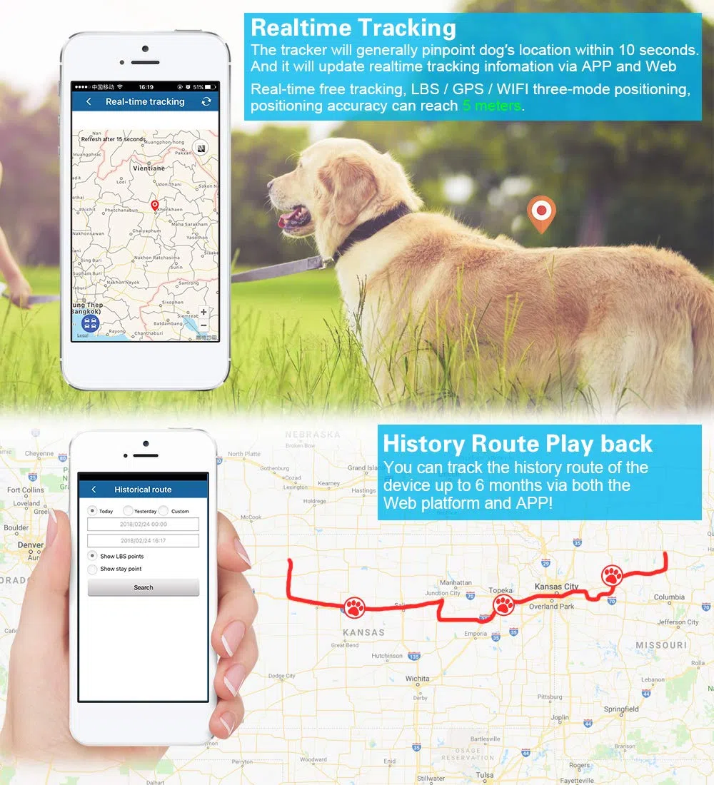 Localizador GPS para Perros y Gatos Tiempo Real Pequeño GPS Tracker con Historial de Ruta, Dispositivo de Alarma Impermeable APP Gratuita TK911