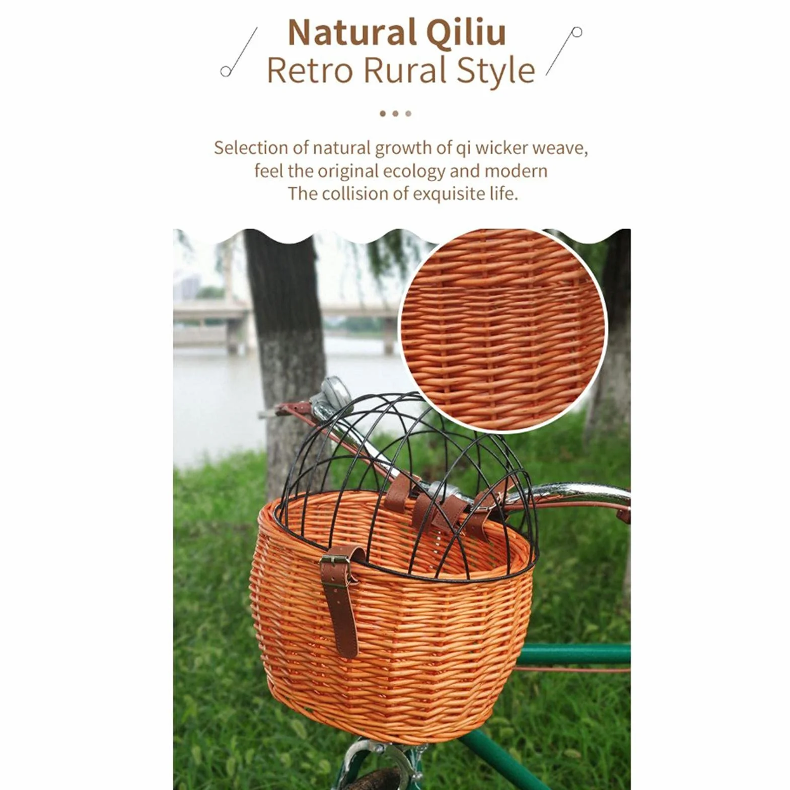 Cesta de Bicicleta para Mascotas, Cesta de Mimbre para Bicicletas para Perros Pequeños, Gatos, Cesta Delantera con Cubierta de Malla de Alambre