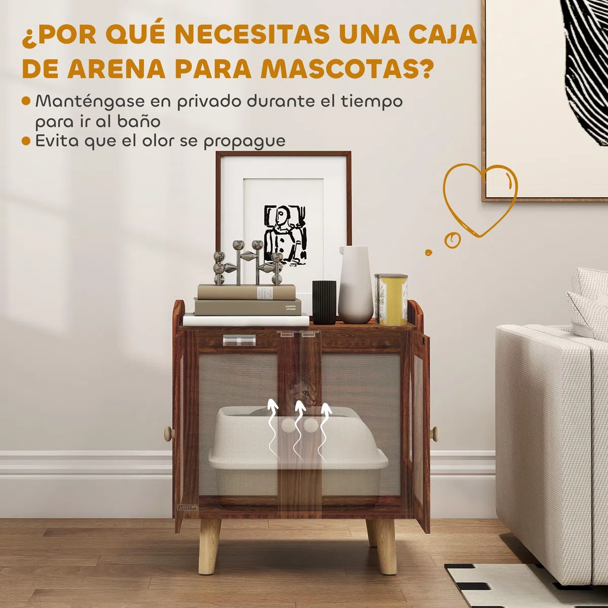 PawHut Mueble Arenero para Gatos Mesa Auxiliar 55x43x59,6 cm Marrón | Caja de Arena para Gatos, con Puertas, Esteras de Sisal, Patas de Madera, para Salón Dormitorio