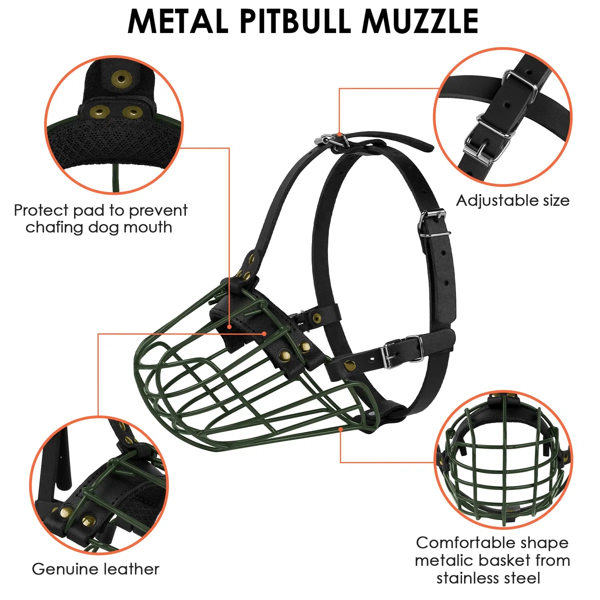 Pitbull - Bozal para perro, máscara de metal, cesta de alambre segura, correas de cuero ajustables y duraderas para perros grandes (verde)