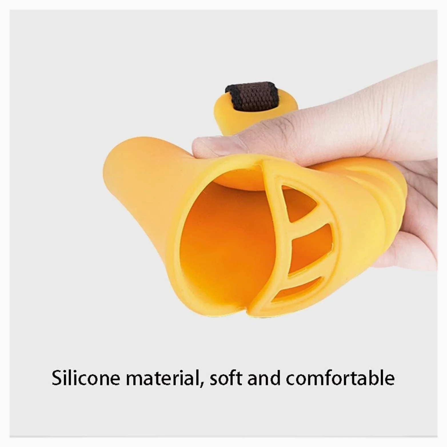 Bozal para perros pequeños y medianos, tapón de silicona suave antiladridos, cubierta de boca de pato transpirable ajustable con correa de seguridad (amarillo, S)