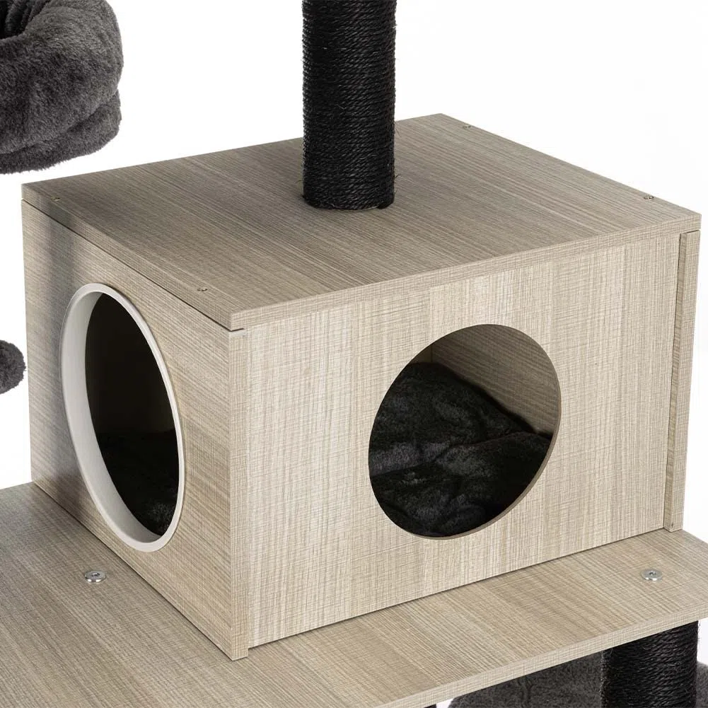 BAKAJI Árbol rascador para arañar Refugio 2 Bolas 2 cuchas, Mantas para Gatos, Animales, felinos, Interactivo, Resistente a los arañazos, Resistente, árbol trepador, Bicolor Beige y Gris