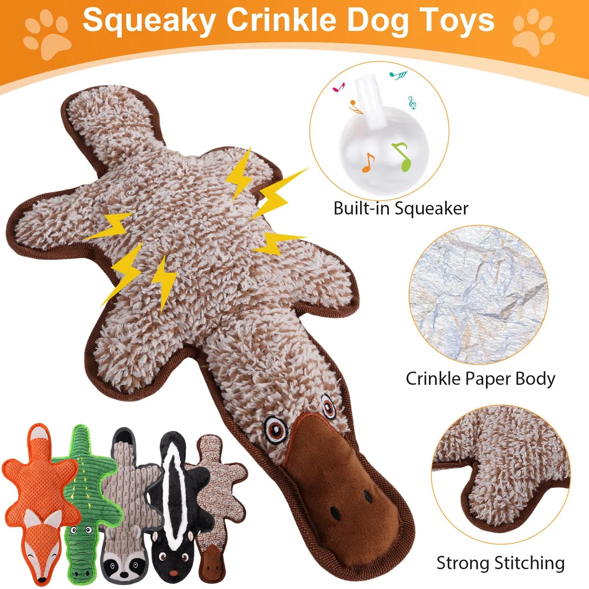 Juguetes chirriantes para perros, Regalos para Mascotas, Paquete de 5 Juguetes Arrugados de Felpa, Sin Relleno para Perros Pequeños, Medianos y Grandes