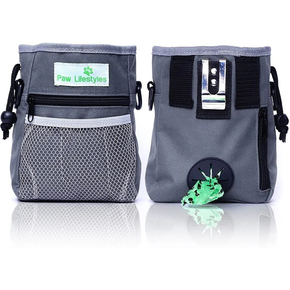 Bolsa De Entrenamiento De Golosinas para Perros - Lleva Fácilmente Juguetes para Mascotas, Croquetas, Golosinas - Dispensador De Bolsas De Caca Incorporado - 3 Formas De Usar - Gris