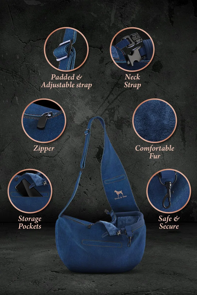 Noah & Paw Bandolera transportin Perro 1,5-5 kg, transportin Gato pequeño, Bolsa Transporte Ajustable para Mascotas, 3X función de Seguridad, Fabricado en Denim Premium.