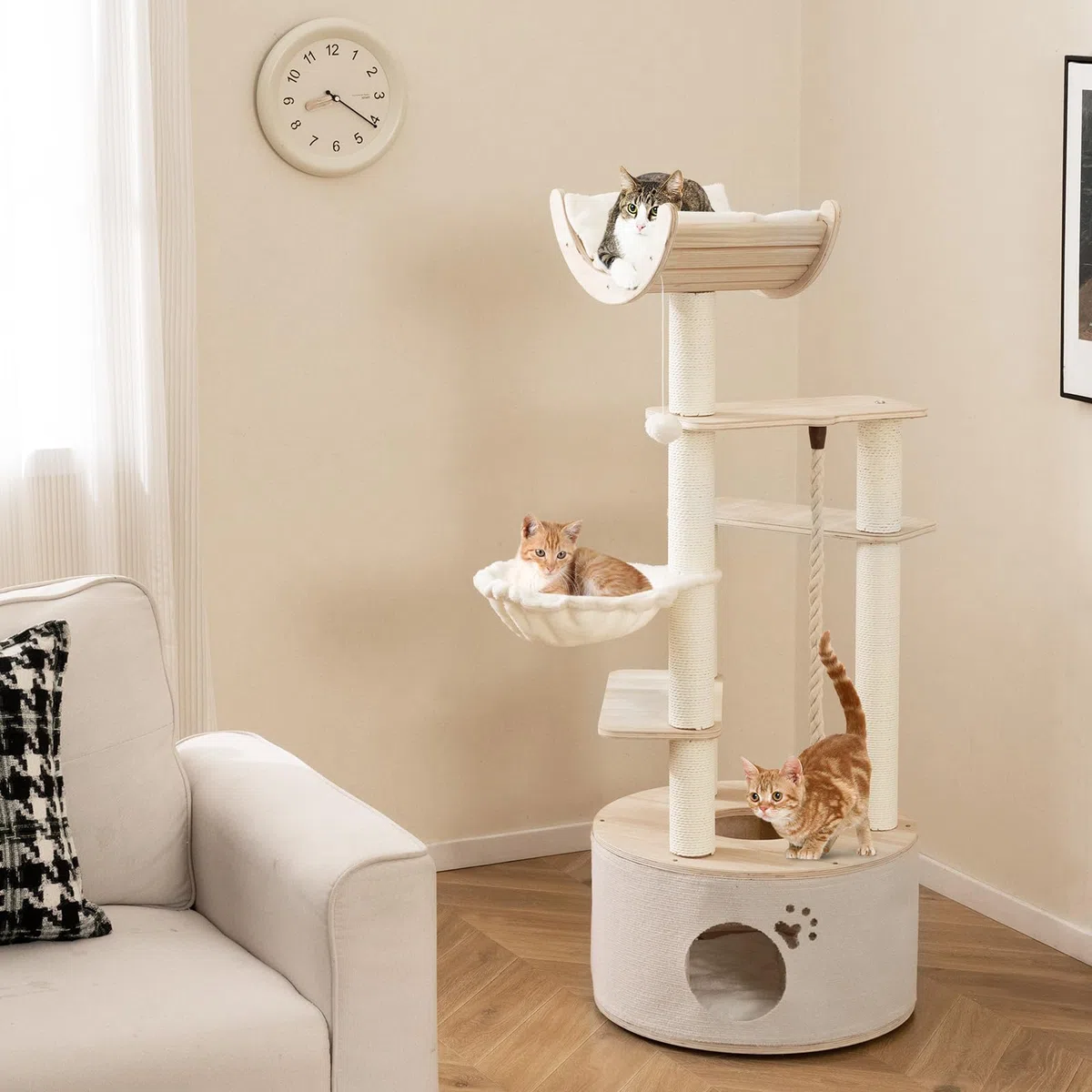 COSTWAY 141 cm Árbol Rascador para Gatos de Madera, Torre para Gatitos Multinivel con Condo, Cama Curvada, Hamaca, Postes Rascadores, Bola Colgante y Cuerda, Cojines Lavables, Castillo Gatos Interior
