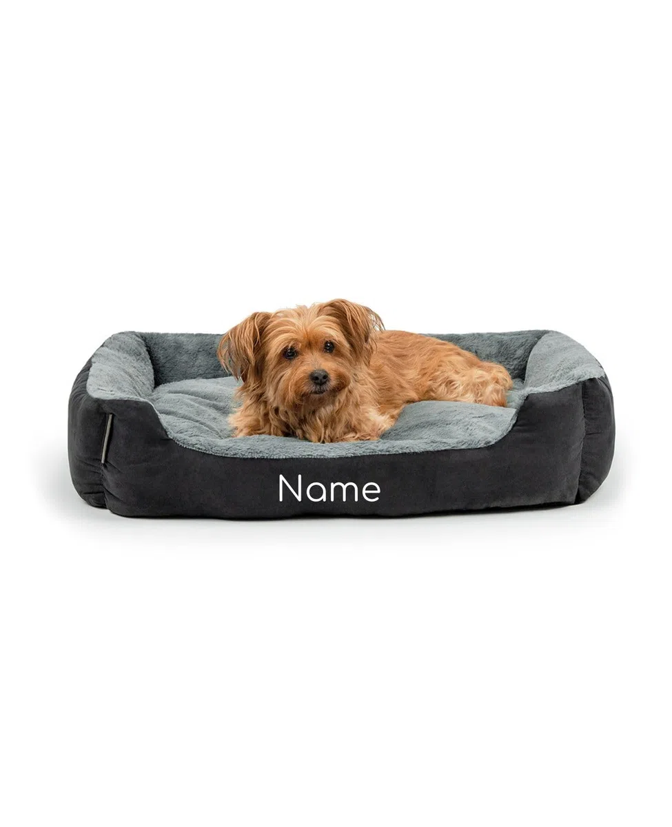 lionto Cama para Perros con cojín Reversible y Base Antideslizante, cojín para Mascotas con Entrada Baja para Perros y Gatos, 75x60 cm, cojín para Perros Acogedor, Negro/Gris (con Nombre Impreso)
