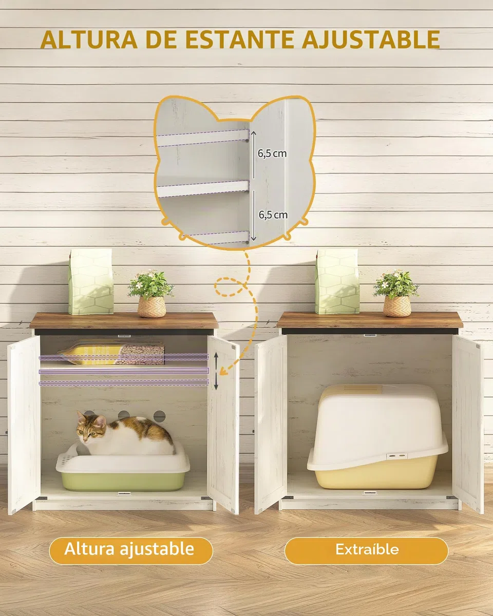 Hzuaneri Arenero para Gatos, Armario Oculto con Espacio de Almacenamiento, Caseta con Imanes, Estilo Rústico, 80 x 50 x 79,5 cm, Apto para Pasillo y Dormitorio, Blanco Marrón CB85414X
