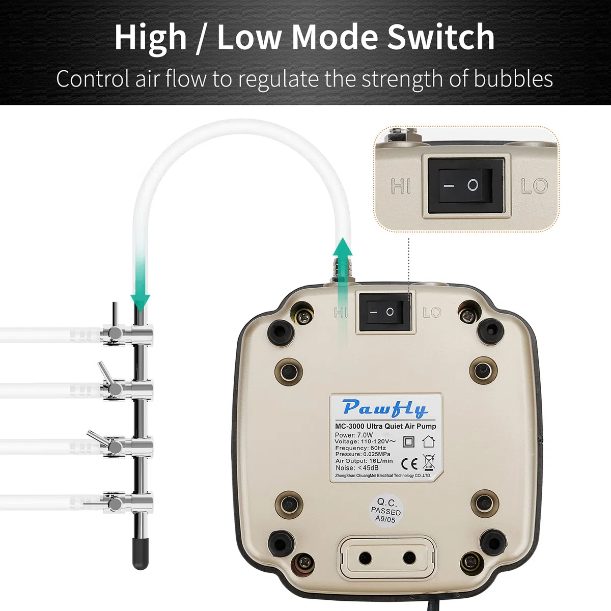 Pawfly Bomba Aire para Acuario Comercial de 16 L/min 7 W Oxigenador Acuario Silencioso Ajustable con Distribuidor Oxígeno y Tubería de Aire para Peceras Estanques y Sistemas DWC hasta 1000 L