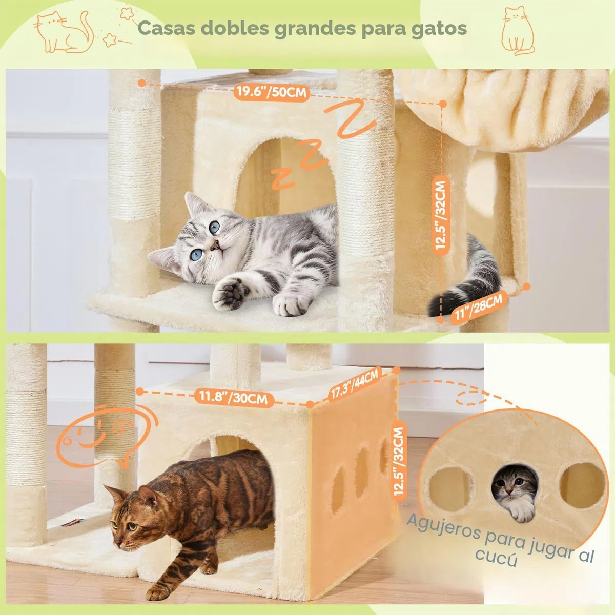 Taoqimiao Rascador para Gatos Grandes, 183cm Arbol Rascador para Gatos com 2 Espacioso Cuevas, 2 Cesta, 7 Poste de Sisal, Hamaca,F20M Beige