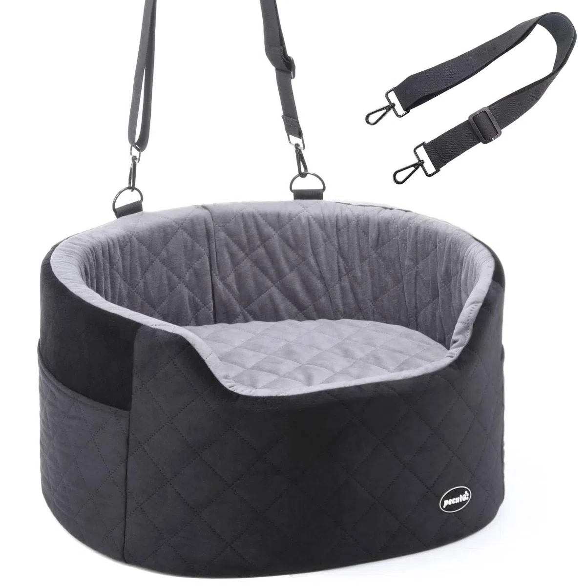 Pecute Asiento de Coche para Perros Pequeños y Medianos, Transportin Asiento Elevador para Perros con Bolsillos de Almacenamiento y Cojín 15cm, Silla Cama de Viaje para Mascotas,hasta 13,6 kg