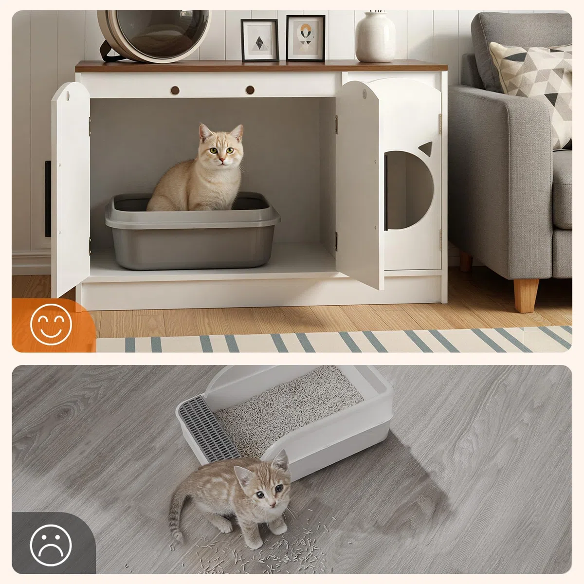 HOOBRO Mueble Arenero para Gatos, Caja de Arena Oculta, Armario Moderno de Madera de Ingeniería, Caseta Doble para Gatos con Diseño de Cabeza, Blanco y Nogal EWH51MW01