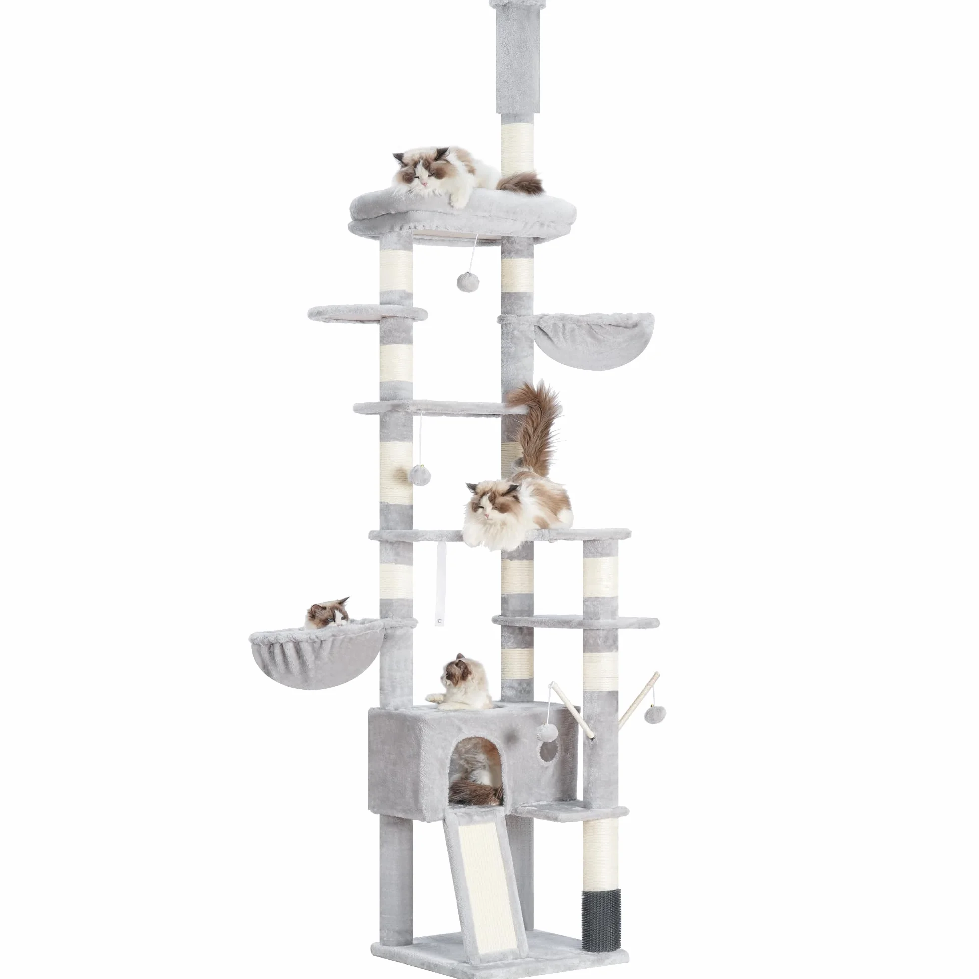 Hey-brother Rascador para Gatos XXL, Altura Ajustable, 250 cm-280 cm, Que llega hasta el Techo, Torre para Gatos Grandes, con Cueva, Gris Claro 0MPJ091W