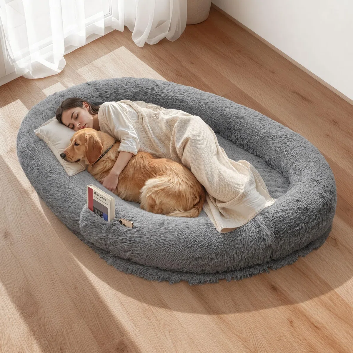 VEVOR Cama Acogedora para Perros, Diseño Ovalado, 174 x 118 x 24 cm, Espuma Viscoelástica, Tamaño Humano, con Bolsillo Lateral, Asa y Cremallera, Funda Extraíble y Lavable a Máquina, Gris Oscuro