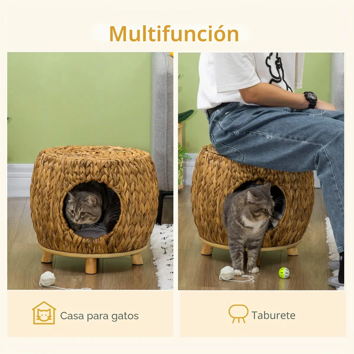 PawHut Taburete de mimbre para la casa del gato, cama de ratán para uso en interiores y exteriores, cama elevada para mascotas con cojín suave lavable 44 x 43 x 41 cm | Cama de ratán para gatito, uso en interiores y exteriores, cojín suave y lavable