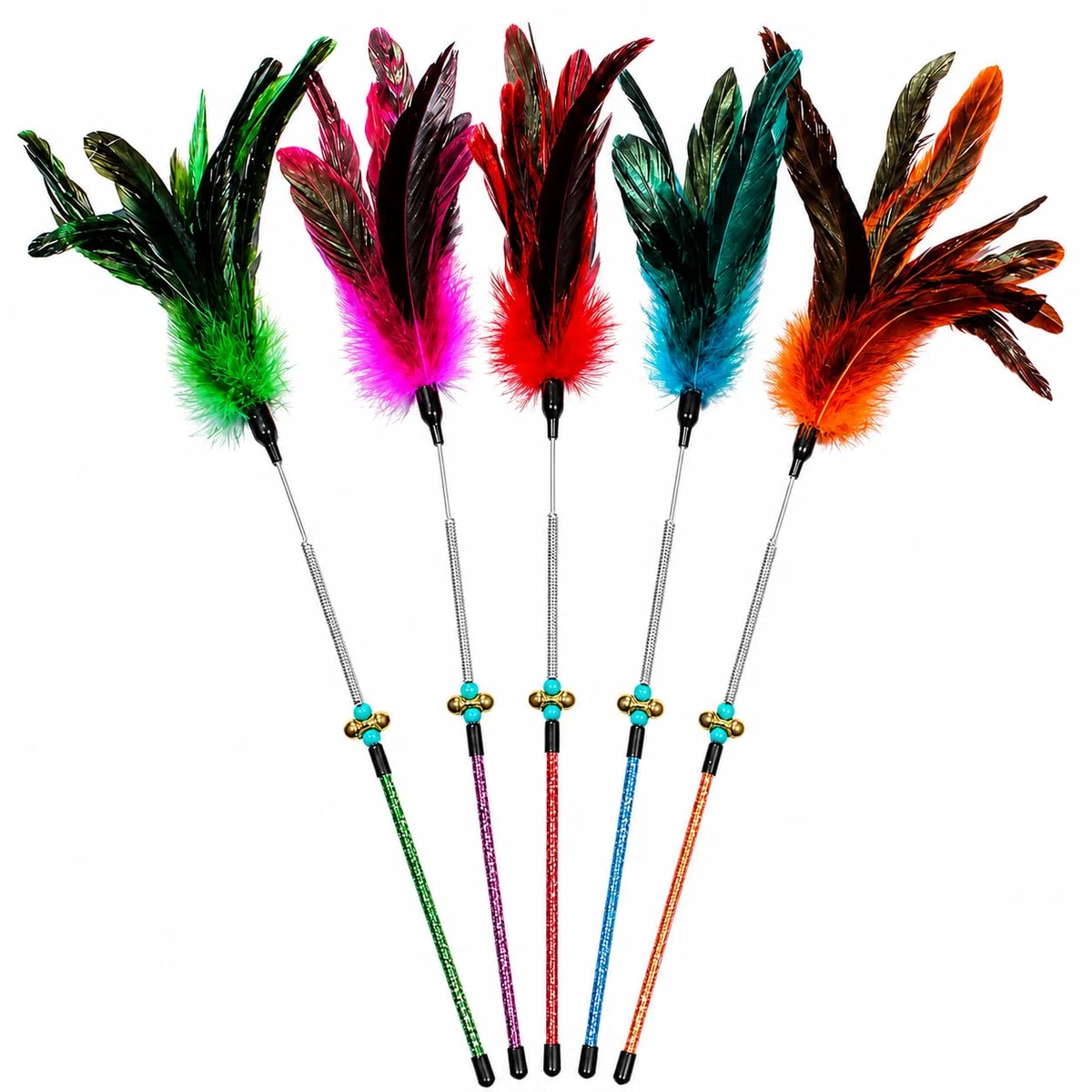 Varita de juguete para gatos, juguete de plumas para gatos, 5 piezas interactivas para gatos, varita de plumas para gatos de interior