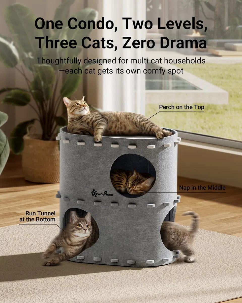 DownyPaws Casa de gato de 2 pisos para gatos de interior, cueva de cama para varios gatos, gris claro