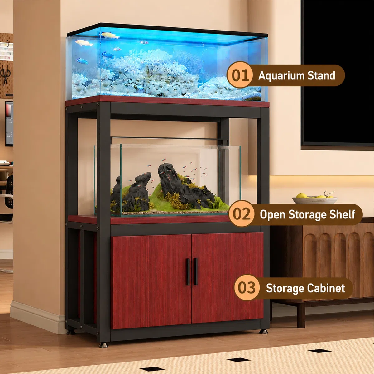 JSWHYBD Mueble para Acuario 76L ~ 110L, Soporte Robusto con Gabinete | Mesa de Doble Nivel para Terrario, Tortugas y Vivario, Salón, Oficina o Dormitorio(B)