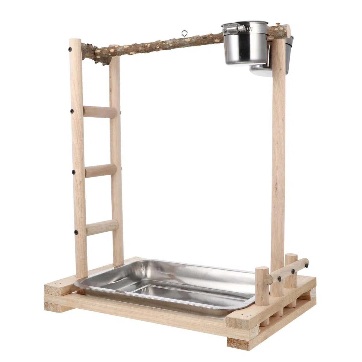 TOYANDONA Soporte para Mediano con Comedero Inoxidable y Escalera de Madera Juguete para Aves Que Ejercicio y Cuidado Dental Accesorio Seguro y Duradero para Jaulas de Pájaros