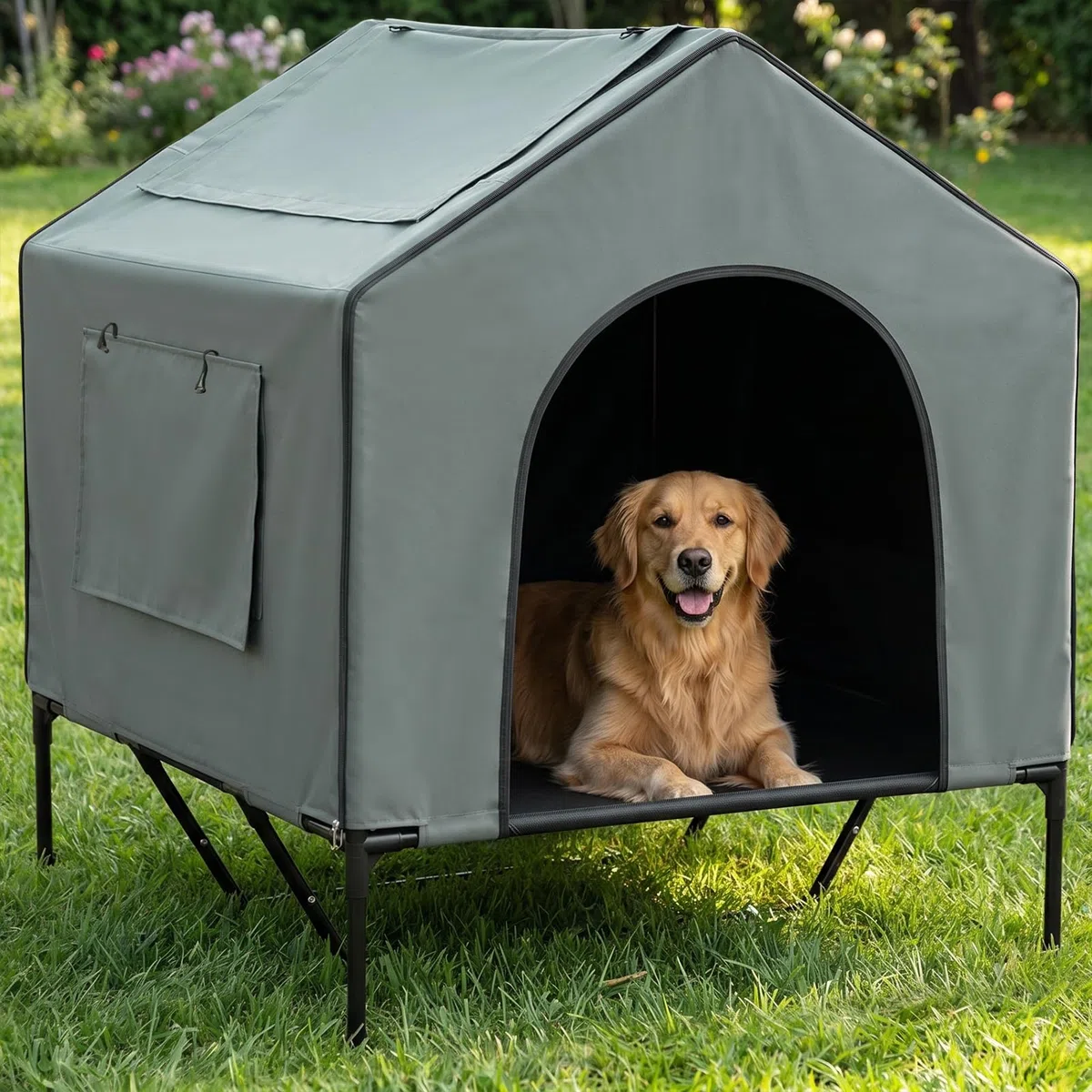Caseta para perros Grande con Techo 100cm,3 en 1 Casa Perro Impermeable | Casa de Perro Exterior con Cortina Opaca, Elevada Cama Perro Impermeable y Protección UV 50+, Caseta Perros Resistente Jardín