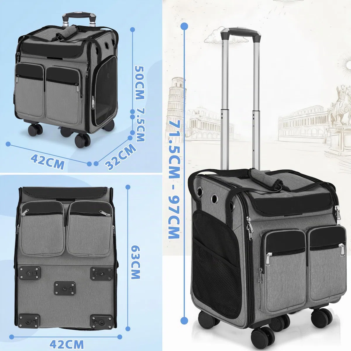 OUUTMEE Con carro 2 en 1 hasta 20 kg, mochila para gatos grande con ruedas, mochila multifuncional, transpirable, gris