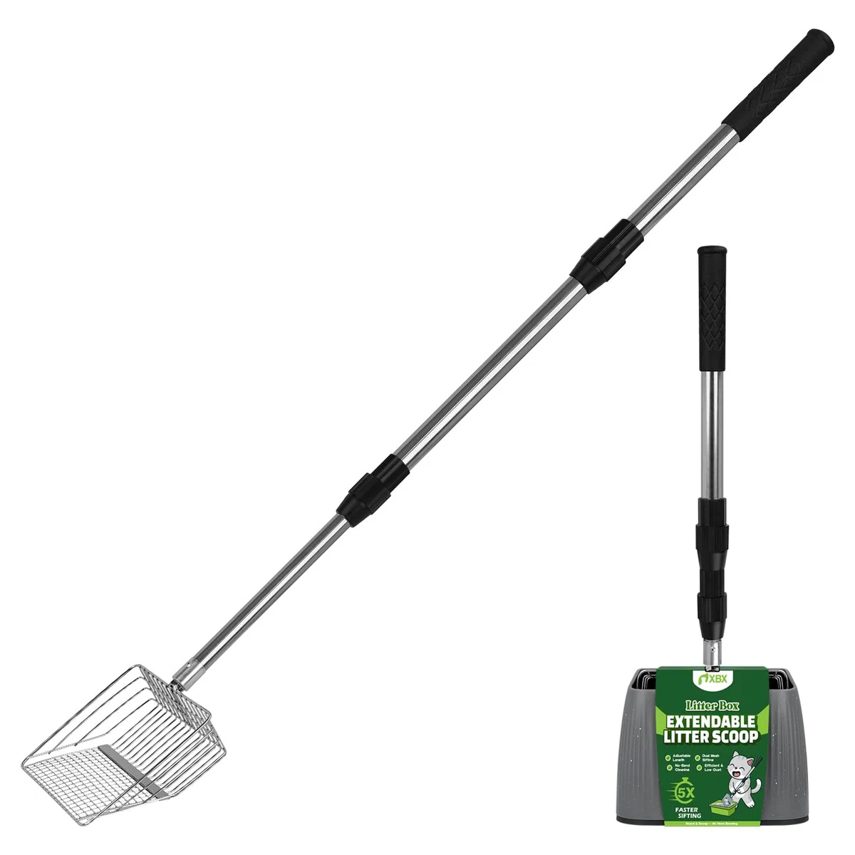 XBX Cuchara de arena para gatos de mango largo con soporte, pala de arena de metal extensible ajustable, tamiz de pala de acero inoxidable para limpieza de cajas de arena, pala duradera para uso