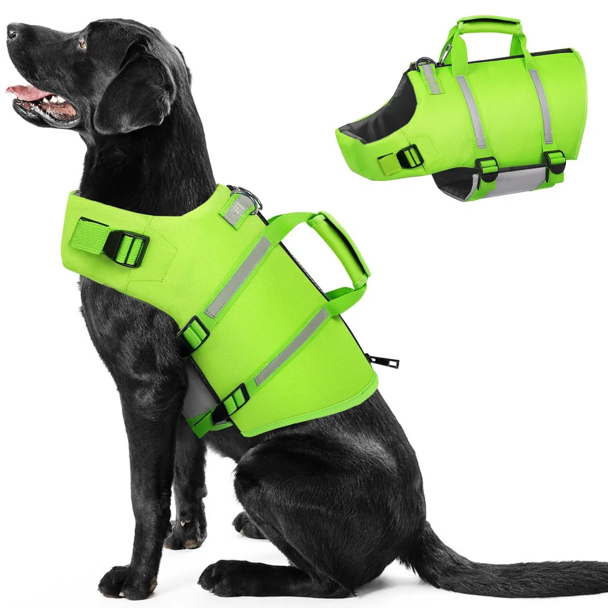 Chaleco Salvavidas Perros,Ripstop Flotador para Perros con Asa de Rescate y Rayas Reflectantes,Chaleco Perros Salvavidas Ajustable con Buena Flotabilidad para Nadar,Navegar,Playa,Verde-XL