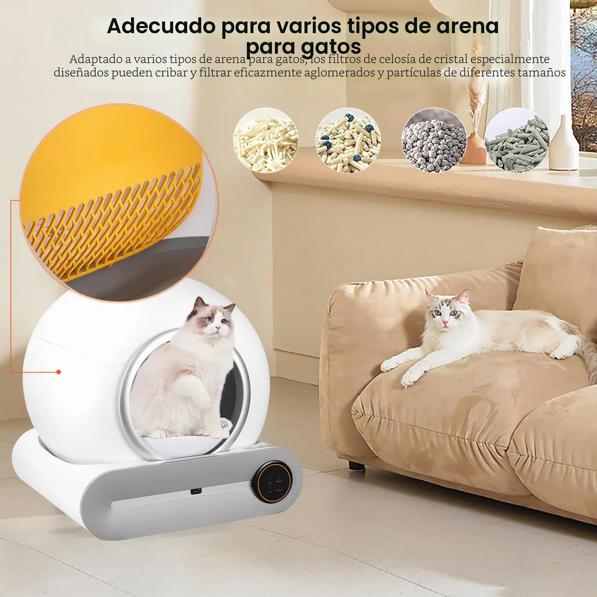 Caja de Arena Autolimpiable para Gatos Con Detector de Infrarrojos y Sensores de Peso, Eliminación de Olores, Gran Capacidad de 65 L + 9