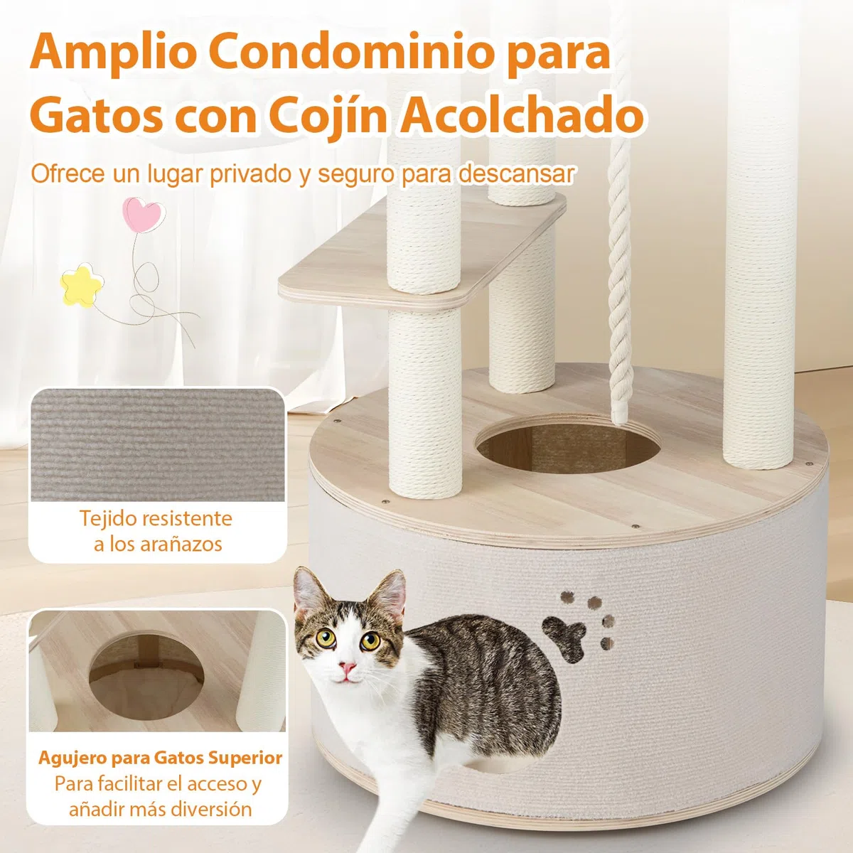 COSTWAY 141 cm Árbol Rascador para Gatos de Madera, Torre para Gatitos Multinivel con Condo, Cama Curvada, Hamaca, Postes Rascadores, Bola Colgante y Cuerda, Cojines Lavables, Castillo Gatos Interior