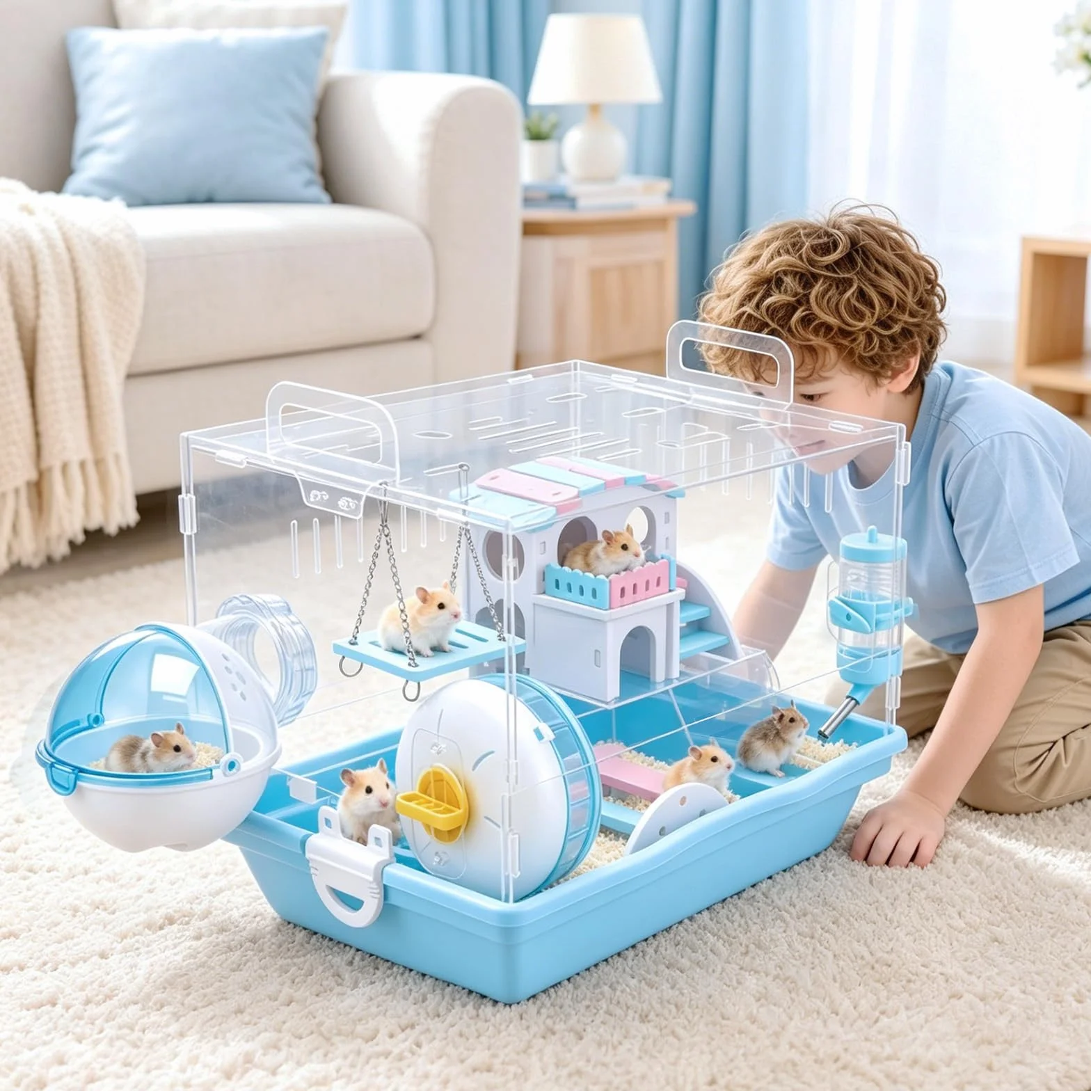 Jaula acrílica para animales pequeños, 2 niveles, con accesorios completos, casa para hámsteres, moderna casa de hámster con puerta ancha y diseño transparente, 37 x 33 x 28 cm para hámsters, ratones