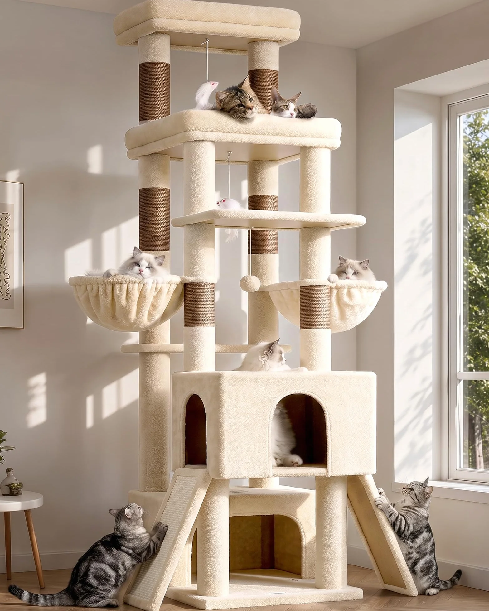 Globlazer Árbol Rascador Beige XXL Alto 200 cm con 2 Grandes Nidos, 2 Grande Plataformas, 2 Tabla Rascar Sisal, 2 Cesta, Estable Árbol Torre para Grande Gato 3-5 Adulto Gatos Más de 7 kg (Z78, Beige)