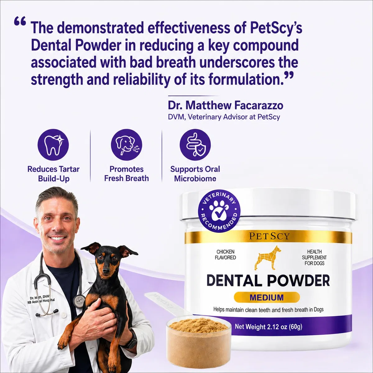 Petscy Polvo dental para perros, limpieza de dientes y ambientador de aliento, cuidado dental para perros, cuidado bucal, soporte para placa y sarro, sabor a pollo, 2.1 onzas (mediano)