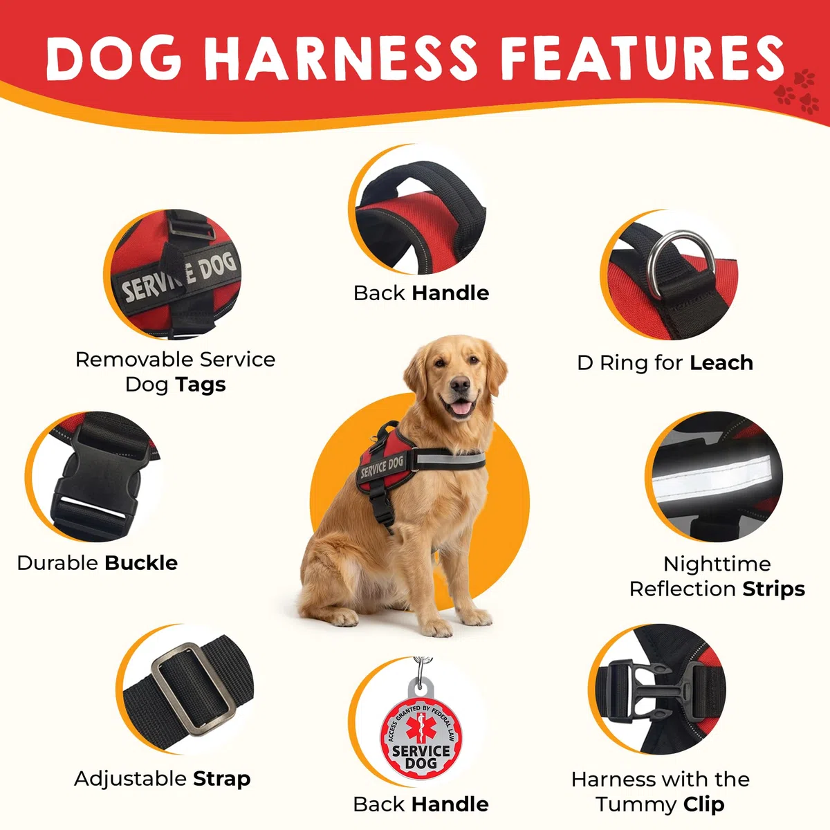 Chaleco para perro de servicio + etiqueta de identificación + 50 tarjetas de información ADA. Arnés para perro de servicio con parche en tallas X S a XX grande, placa de metal para perro con clip