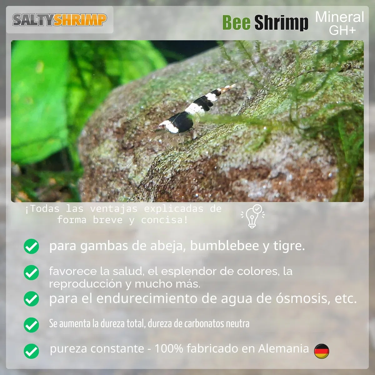 Bee Shrimp Mineral GH+ | 850g - Sal Mineral, Especialmente desarrollada para camarones Abeja, abejorro y Tigre. Aumenta la dureza Total del Agua